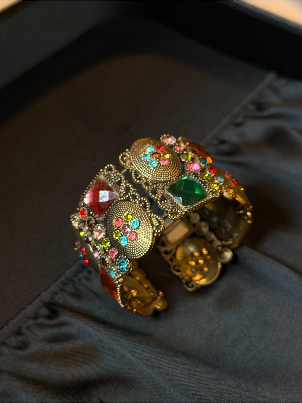 Vintage Expandable Panel Bracelet | Colorful Rhinestones | Statement Jewelry